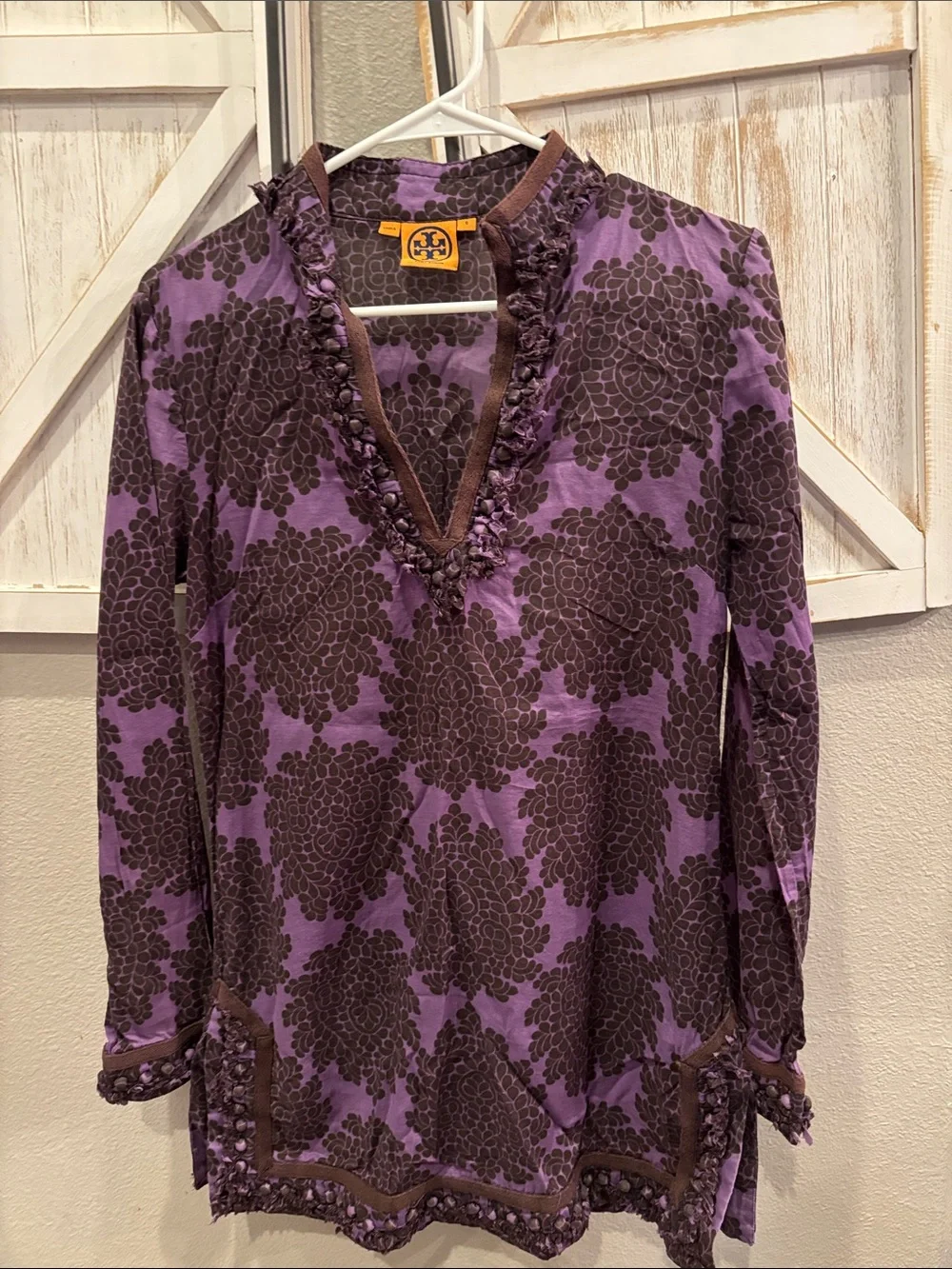 Tory Burch Purple and Brown Floral V-Neck Tunic ptp 18